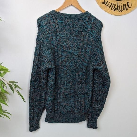 Vintage 90s Oversized Cozy Sweater Mens M Womens L Teal Chunky Cable Knit - Picture 7 of 9